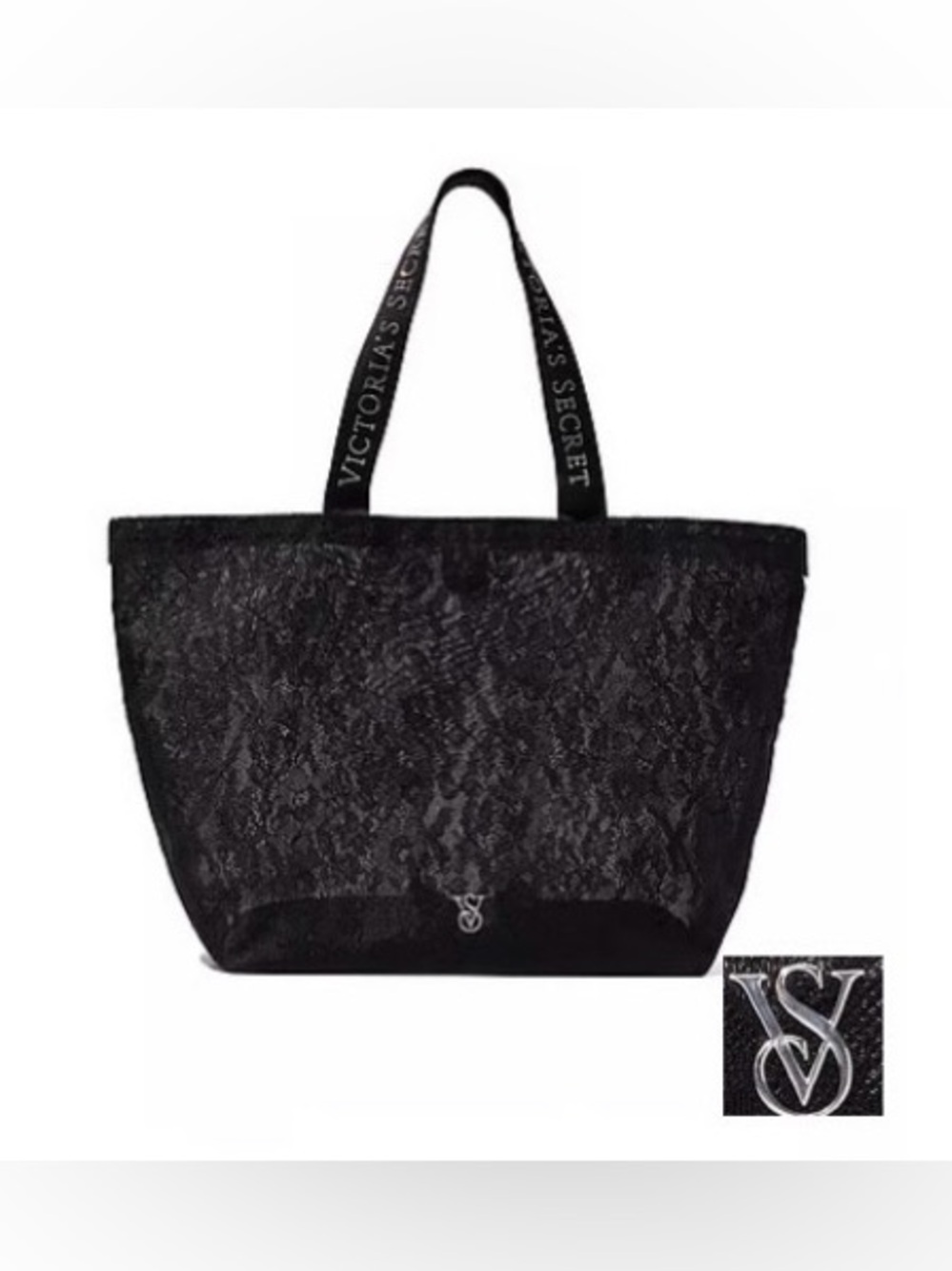 Victoria's Secret Black Lace Tote with Branded Rhinestone Straps. NWT.